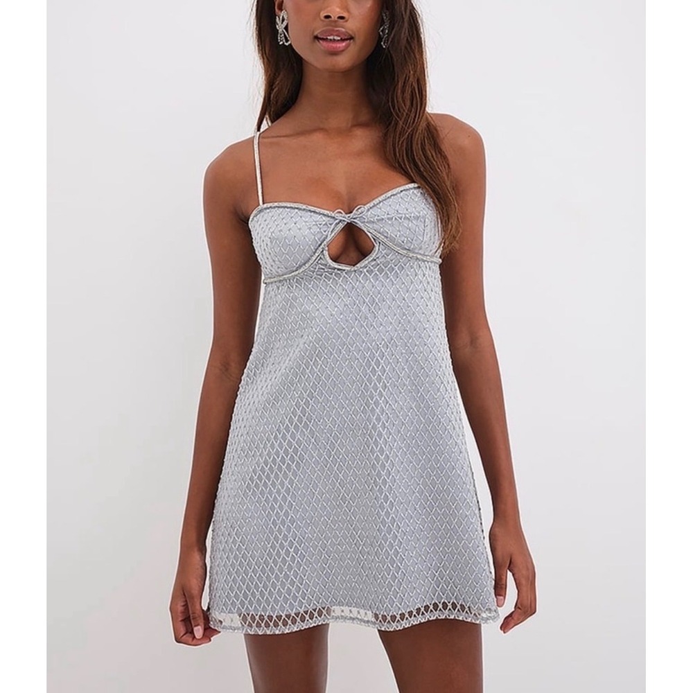 For Love & Lemons Glitter Slip Dress Mini Diamond Mesh Large Silver NWT
